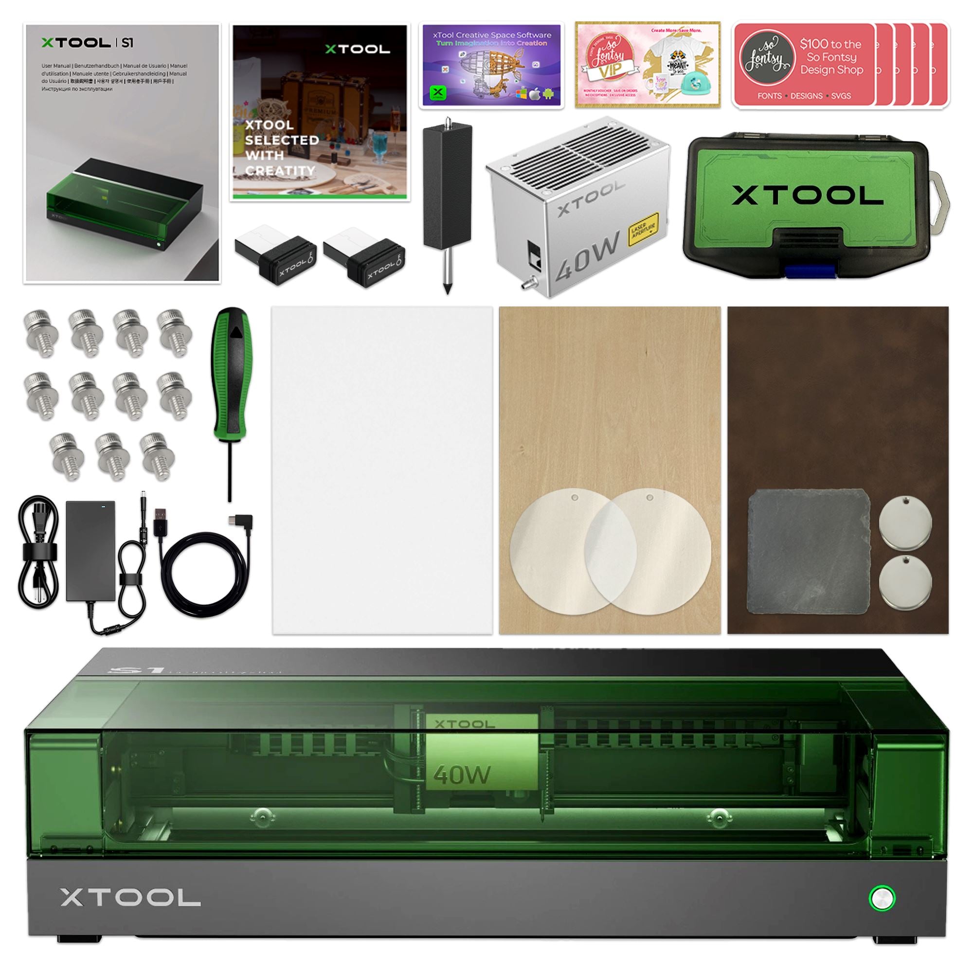 xTool S1 Laser Cutter & Engraver Machine Bundle w/ Air Assist & Honeycomb - 20W Diode Laser